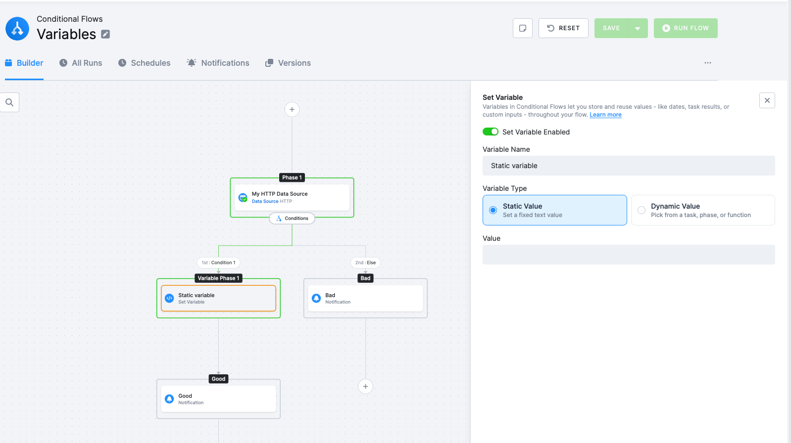 Set Variable panel with Static Value selected